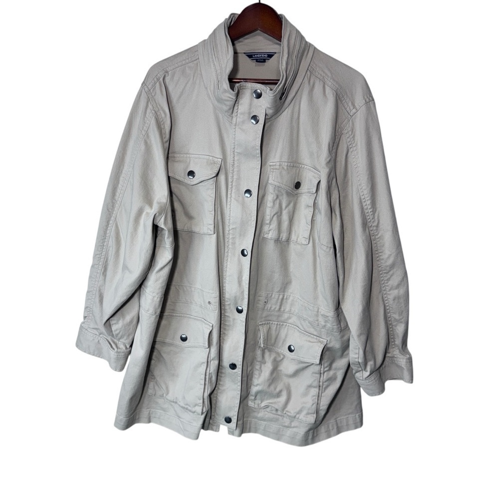 Lands' End Safari Cotton Jacket Size 3X Beige Utility Field Pockets Missing Hood